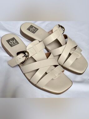 DV by Dolce Vita Ivory Slide Sandals Gold Buckle Strappy 9.5
